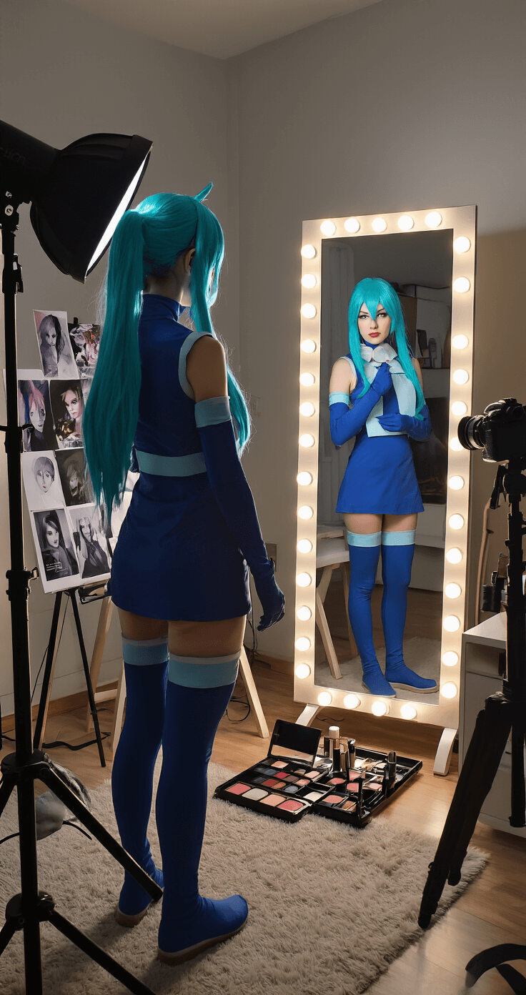 Cosplayer in a modern apartment adjusting their Momo Ayase costume in front of a full-length mirror, illuminated by soft lamp light creating dramatic shadows. A professional camera captures test shots nearby, while a detailed mood board and an organized vanity with makeup products and styling tools complete the scene.