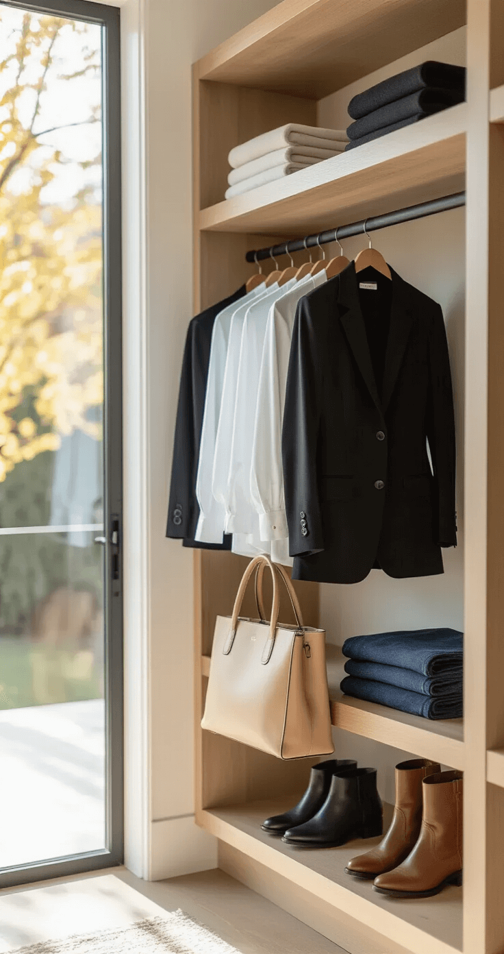 A sunlit minimalist walk-in closet showcasing a black blazer, white tees, dark-wash denim, brown leather boots, and a beige tote, all brilliantly lit by natural light through large windows.