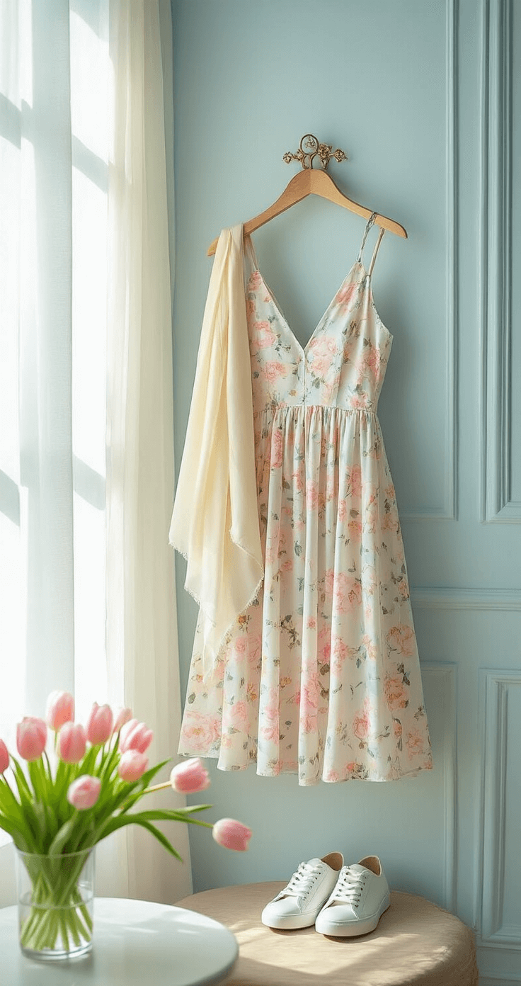 A pastel floral midi dress, cream silk scarf, and white leather sneakers hang in a Parisian-style apartment with sheer curtains billowing in the morning light, while fresh tulips in a crystal vase add a touch of spring to the pale blue walls.