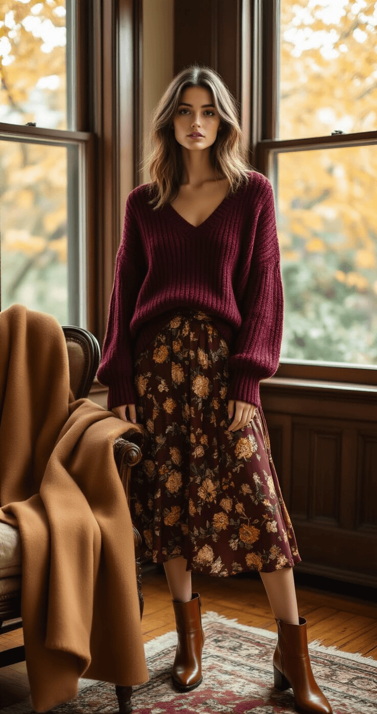 A cozy fall afternoon scene in a Brooklyn brownstone featuring a model wearing a rich burgundy chunky knit sweater layered over a silk camisole, paired with a dark floral midi skirt and cognac leather ankle boots. Warm autumn light filters through vintage windows, illuminating golden and amber tones, while a camel coat is draped over an antique chair, emphasizing layered textures in the composition.