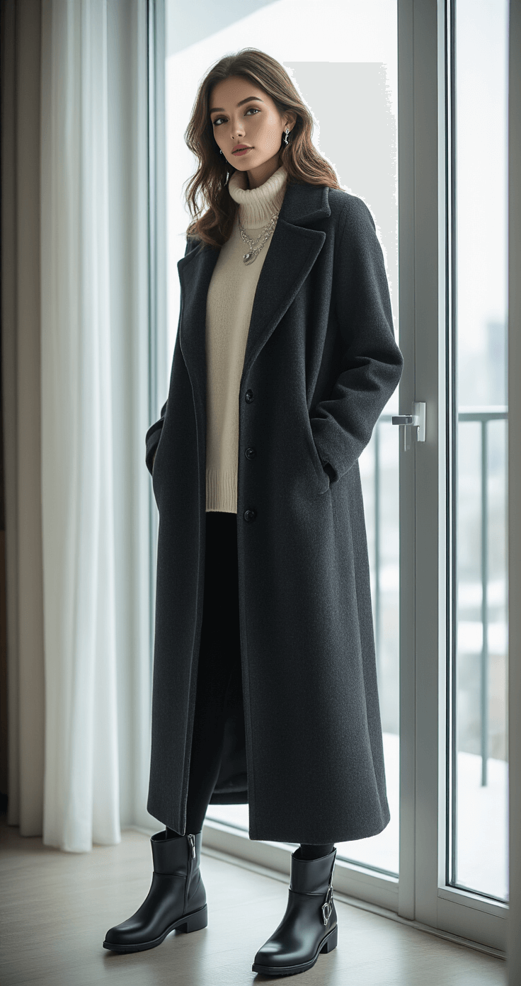 A low-angle view of a contemporary high-rise apartment on a snowy winter morning, featuring a floor-length charcoal wool coat over a cream cashmere sweater and black thermal leggings. Waterproof black leather boots with subtle hardware details are positioned by the door, while silver jewelry glimmers. The cool natural light from outside casts dramatic shadows, highlighting the luxurious drape of the coat.