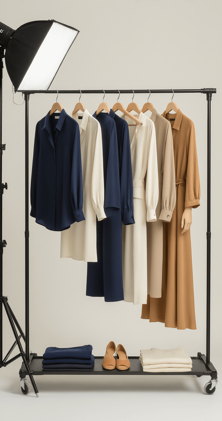Bright studio space showcasing a clothing rack with navy, cream, and camel wardrobe pieces, featuring silk blouses, tailored trousers, and versatile dresses arranged by color gradient, all illuminated by professional soft box lighting, with an overhead shot of a styled flat lay.