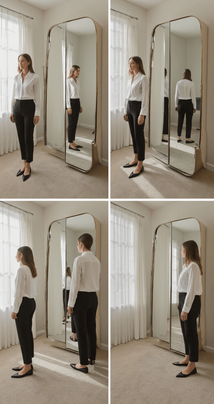 A modern dressing room features a model assessing fit in slim black pants and a white silk button-down, showcased through full-length mirrors. Natural light and soft interior lighting enhance the scene, which captures the outfit's proportions and flattering silhouette from multiple angles.