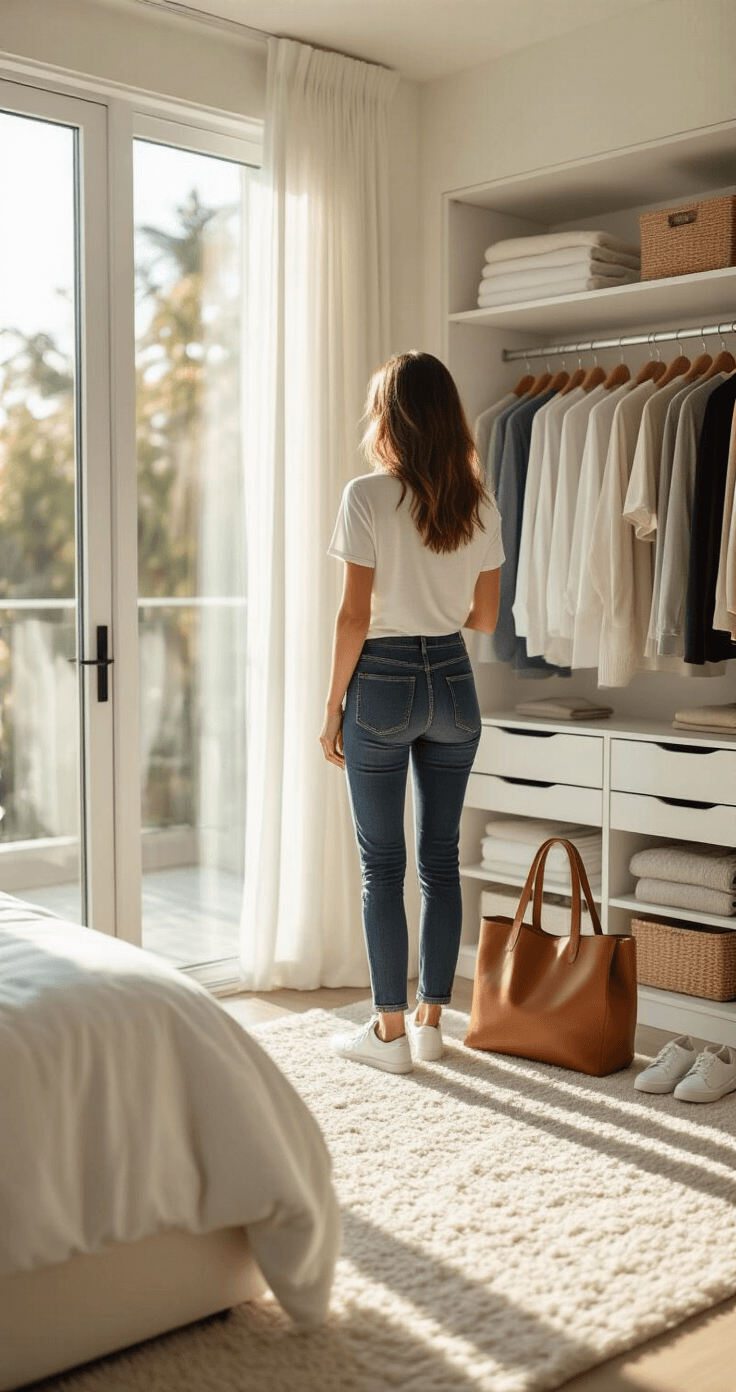 A fashion-forward woman styles dark wash denim and a white t-shirt in a sunlit minimalist white bedroom with a capsule wardrobe, showcasing organized neutral-toned basics and accessories on a plush cream carpet.