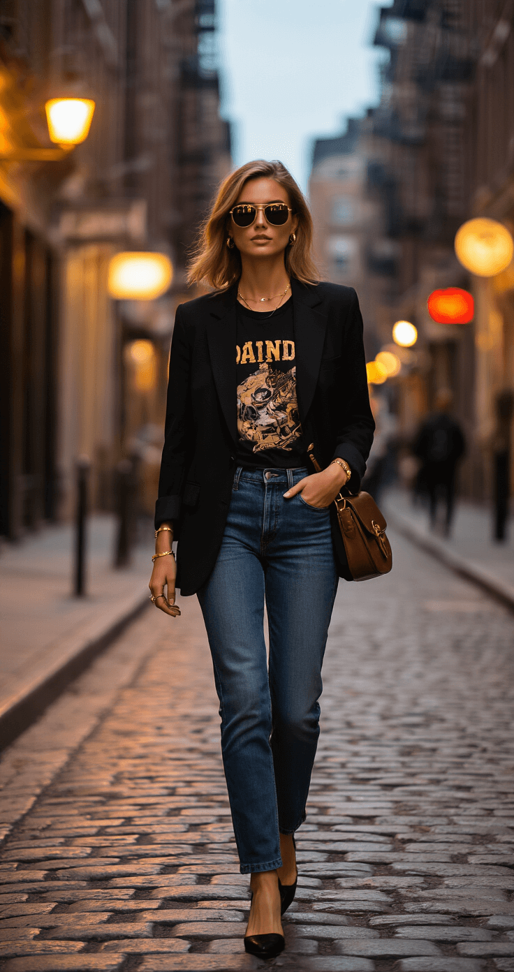 A confident model walks on cobblestone streets during golden hour, wearing a black blazer over a vintage band tee and slim-fit jeans, with gold jewelry glimmering in the sunlight, classic Ray-Ban sunglasses, and a leather crossbody bag, captured from street level with a shallow depth of field.