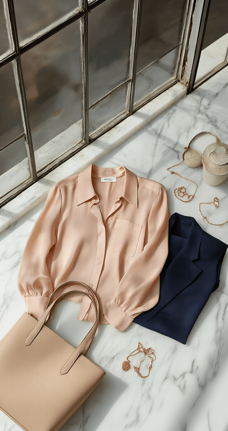 Close-up of a styling session in a bright studio with industrial windows, featuring a blush pink silk blouse on a white marble surface, dark navy pieces, minimal gold jewelry, and a beige leather tote, all captured with soft diffused lighting to highlight fabric textures.
