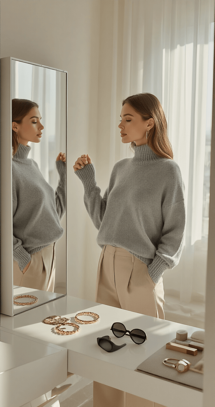 A woman models a grey cashmere sweater and tailored beige trousers in a modern living room, illuminated by midday light, with her reflection visible in a full-length mirror; minimalist jewelry and sunglasses adorn a sleek vanity, framed by neutral home decor elements.