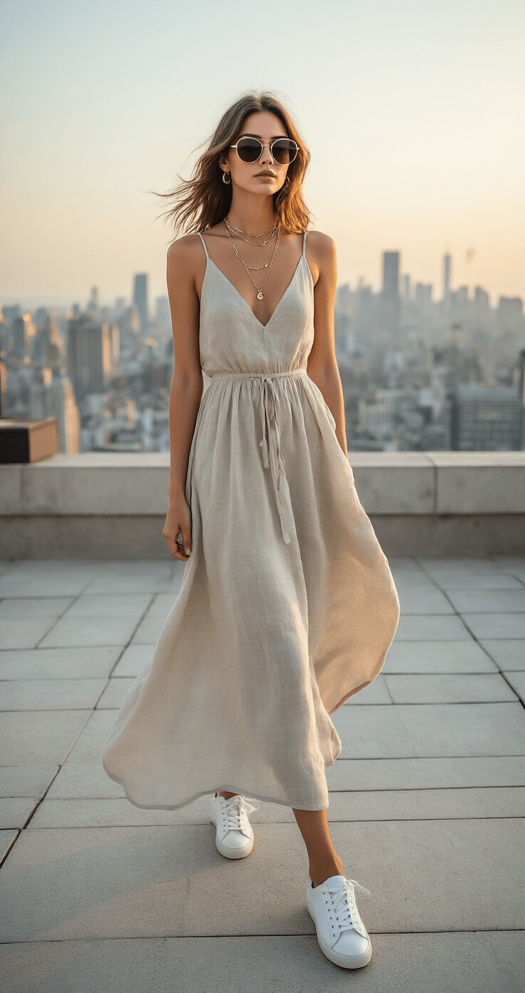 A model in a flowing neutral linen midi dress and white leather sneakers poses on a summer rooftop terrace at magic hour, with a city skyline bokeh backdrop. The light breeze gently moves the fabric, complemented by delicate layered necklaces and oversized sunglasses. The shot is taken from below eye level, emphasizing the elegant outfit details.