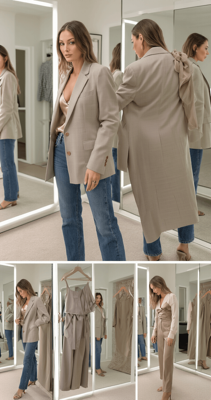 A woman styles a classic blazer in a clean, contemporary boutique dressing room, pairing it with a silk dress, jeans, and tailored trousers. The elegant mix of textures and neutral tones is illuminated by professional lighting, showcasing quality tailoring details in the multiple mirrors set up for diverse compositions.