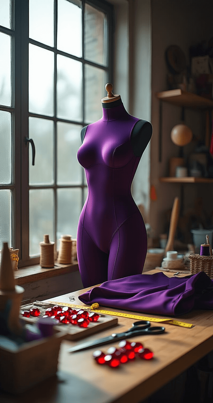 A bright cosplay workshop featuring a dark purple bodysuit on a dress form, surrounded by sewing supplies and red acrylic gems, with natural light illuminating the textures and details of the materials.