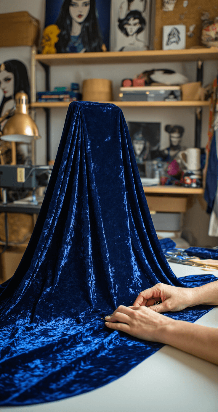 Close-up of hands pinning a half-circle cape pattern onto deep blue crushed velvet fabric at a cozy sewing station, illuminated by golden hour sunlight; organized shelves of cosplay supplies and Raven reference images in the background, with professional studio lighting creating depth.