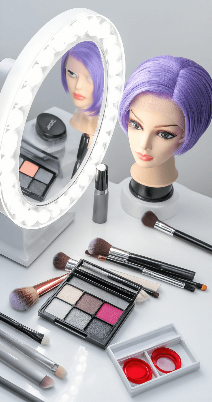 A well-organized makeup station featuring gray and white face makeup products, brushes, and a short purple layered wig on a styrofoam head, with red contact lenses in their case nearby. The scene is illuminated by professional lighting, and a mirror reflects the warm glow, captured from a 45-degree angle in a high-end beauty photography style.