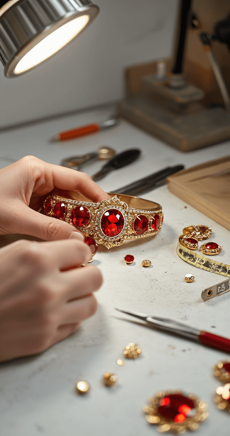 Close-up of hands carefully setting red acrylic gems into gold settings for a Raven's belt, illuminated by soft box lighting in a bright studio. Jewelry-making tools and a measuring tape are artfully arranged in the background, enhancing the macro focus on the intricate detailing.