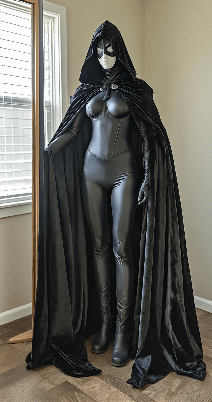 A full-length mirror reflects a completed Raven cosplay in a costume fitting room, featuring a shiny bodysuit and a velvet cape arranged dramatically. Natural window light and soft artificial lighting enhance the textures of the costume in the creative space.