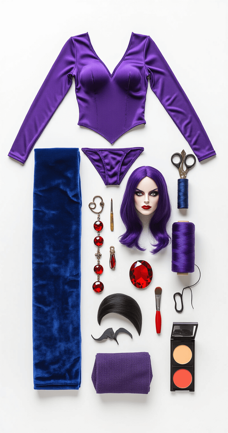 Overhead flat lay of Raven cosplay components including a purple bodysuit, blue velvet fabric, red gems, sewing supplies, makeup, and a wig, arranged on a white backdrop with professional studio lighting highlighting textures.