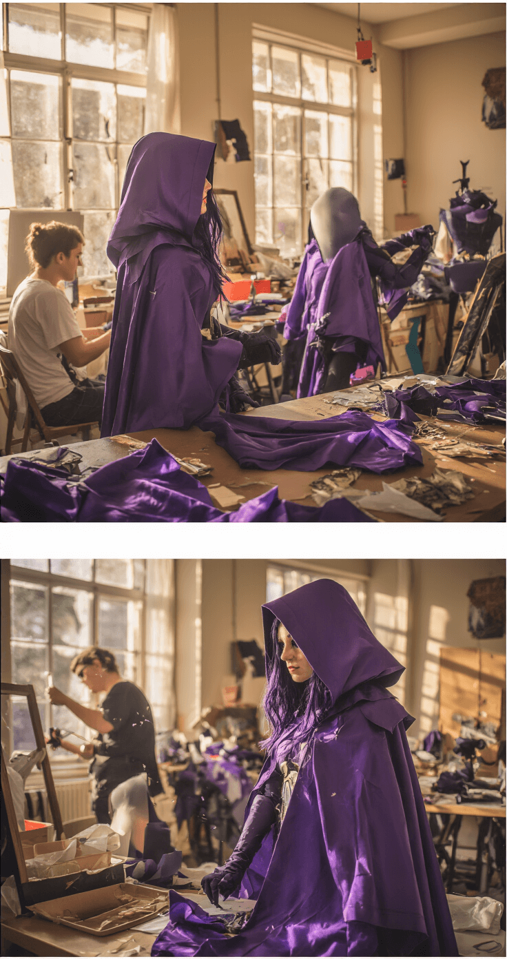 A behind-the-scenes view of a cosplay workshop, featuring several workstations where various stages of a Raven costume are being created. Warm afternoon light pours through the windows, illuminating swirling fabric particles and enhancing the atmospheric feel of the creative process.