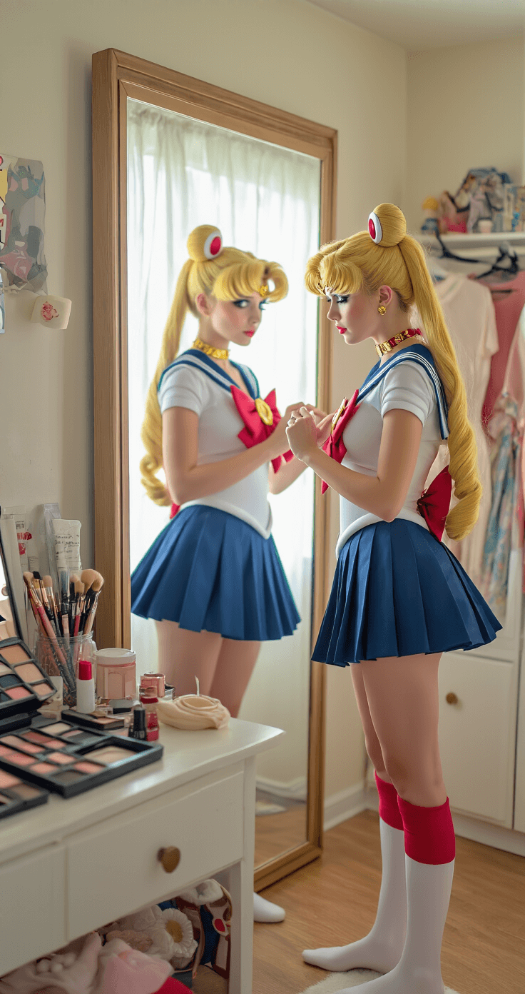 A vintage-style bedroom bathed in soft morning light, featuring a cosplayer in mid-transformation into a casual Sailor Moon outfit, standing before a full-length mirror, adjusting her pleated skirt and blonde wig with buns. The room is filled with a mix of thrifted costume pieces, handmade accessories, and everyday clothing, alongside a makeup station displaying both affordable and professional-grade products, capturing the DIY spirit of beginner cosplay.