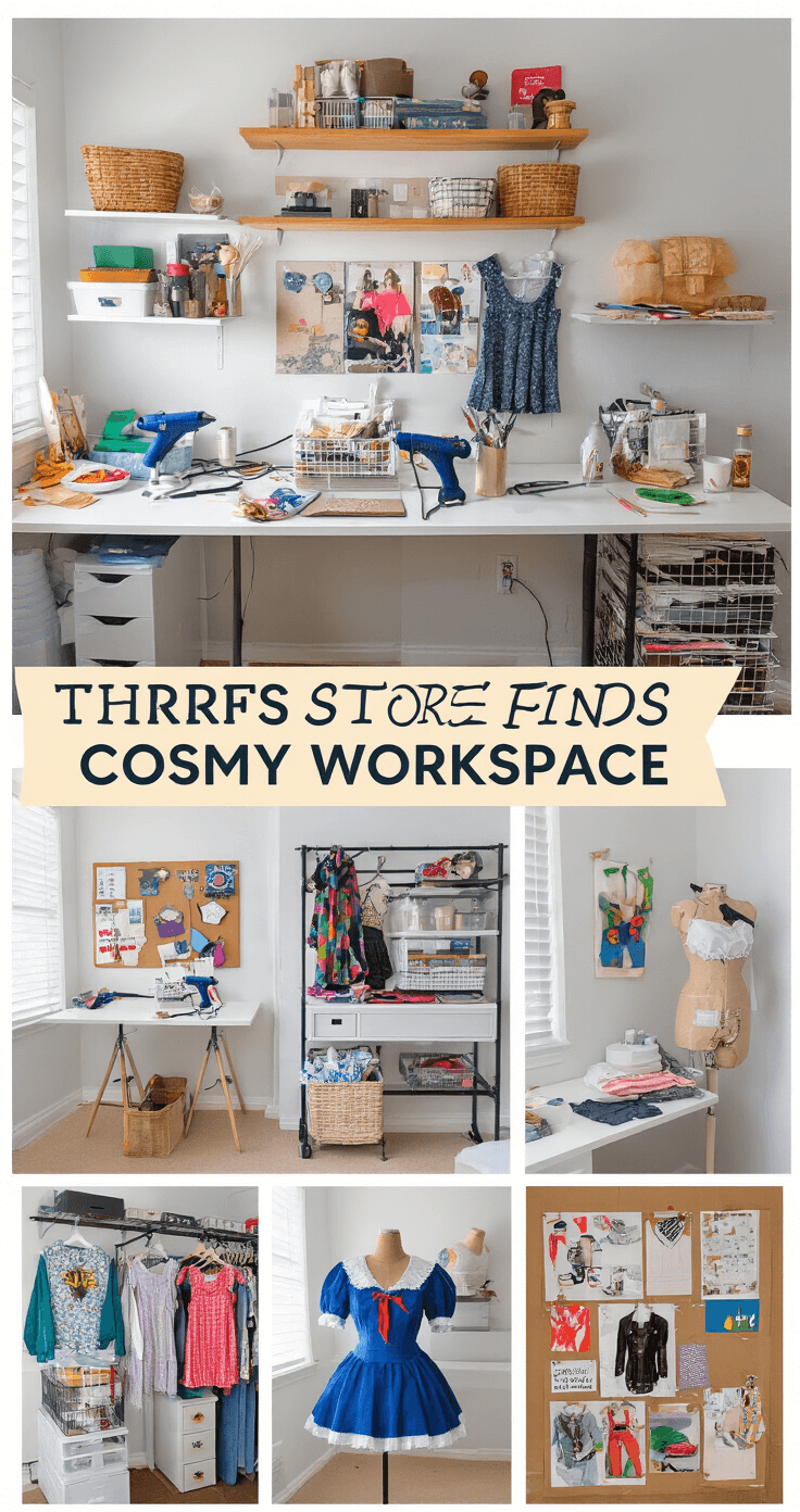 A bright, modern craft room filled with organized storage solutions, showcasing thrift store finds being transformed with a hot glue gun and sewing supplies, while a mood board displays before-and-after costume transformations.
