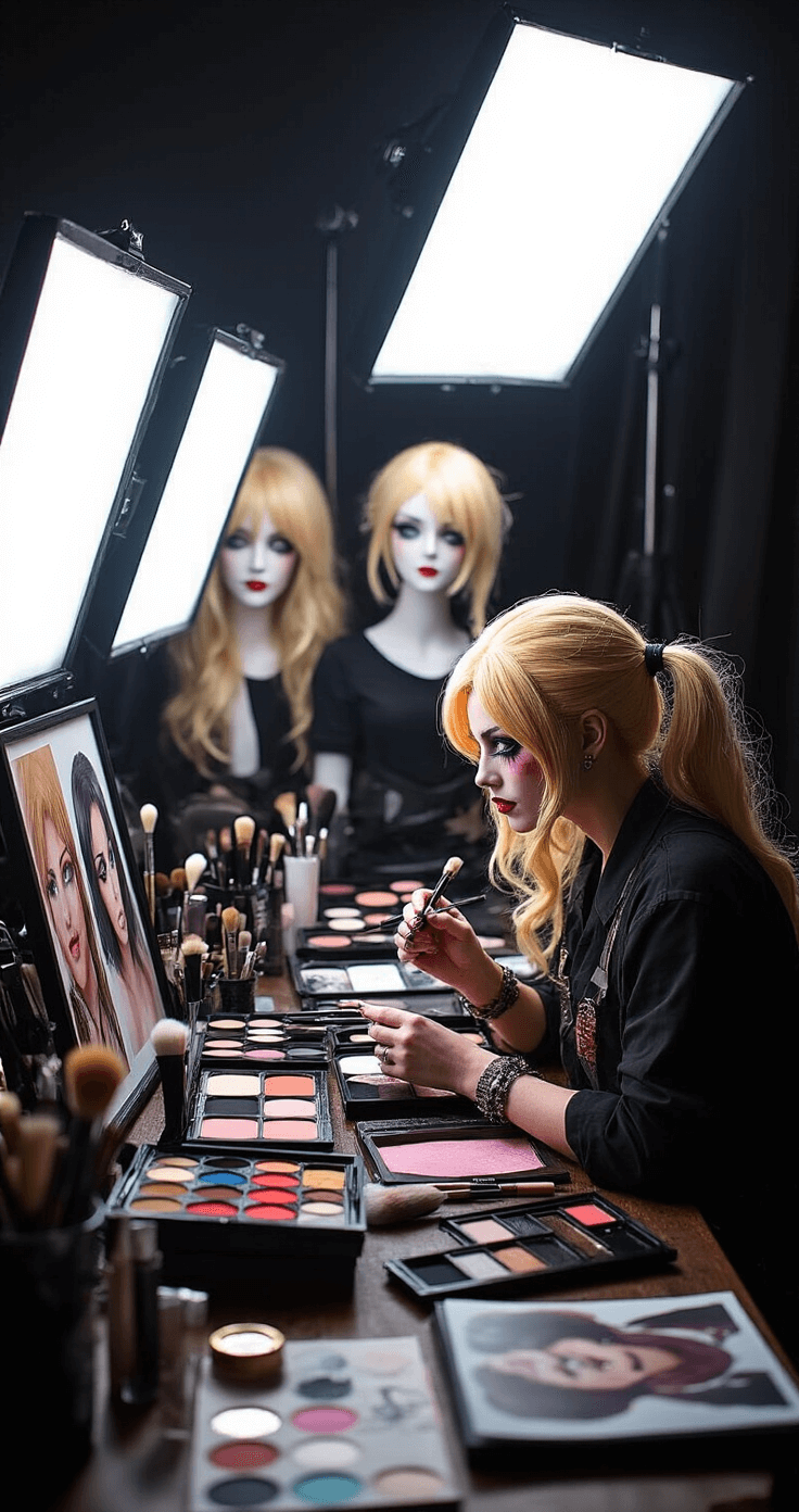 A professional makeup studio showcasing a cosplay transformation, with a makeup artist using high-end products, surrounded by false eyelashes, colorful palettes, character photos, and styled wigs, all illuminated by dramatic side lighting.