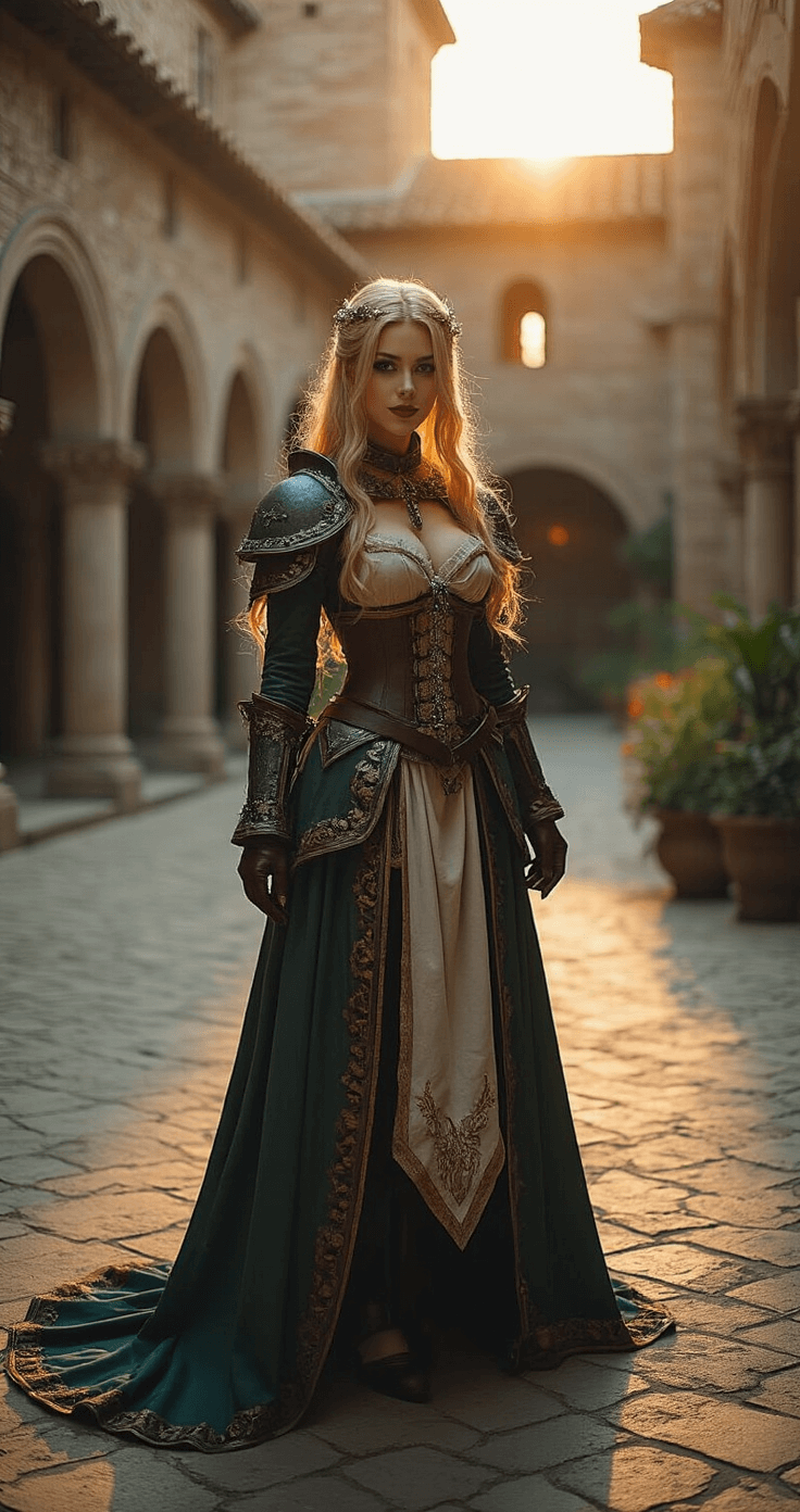A fully-transformed cosplayer in an elaborate costume poses in an outdoor courtyard at golden hour, with medieval architecture in the background. The scene highlights dynamic poses and intricate costume details, enhanced by natural light and dramatic shadows, while professional photography equipment is set up to capture the moment.