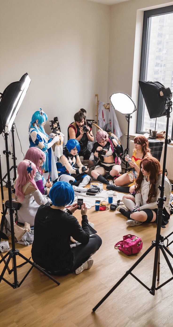 A cozy contemporary apartment filled with natural light, featuring cosplayers working together on costume adjustments and photo techniques, utilizing portable lighting and backdrops, while capturing behind-the-scenes moments with phones and cameras, highlighting a sense of community and collaboration.
