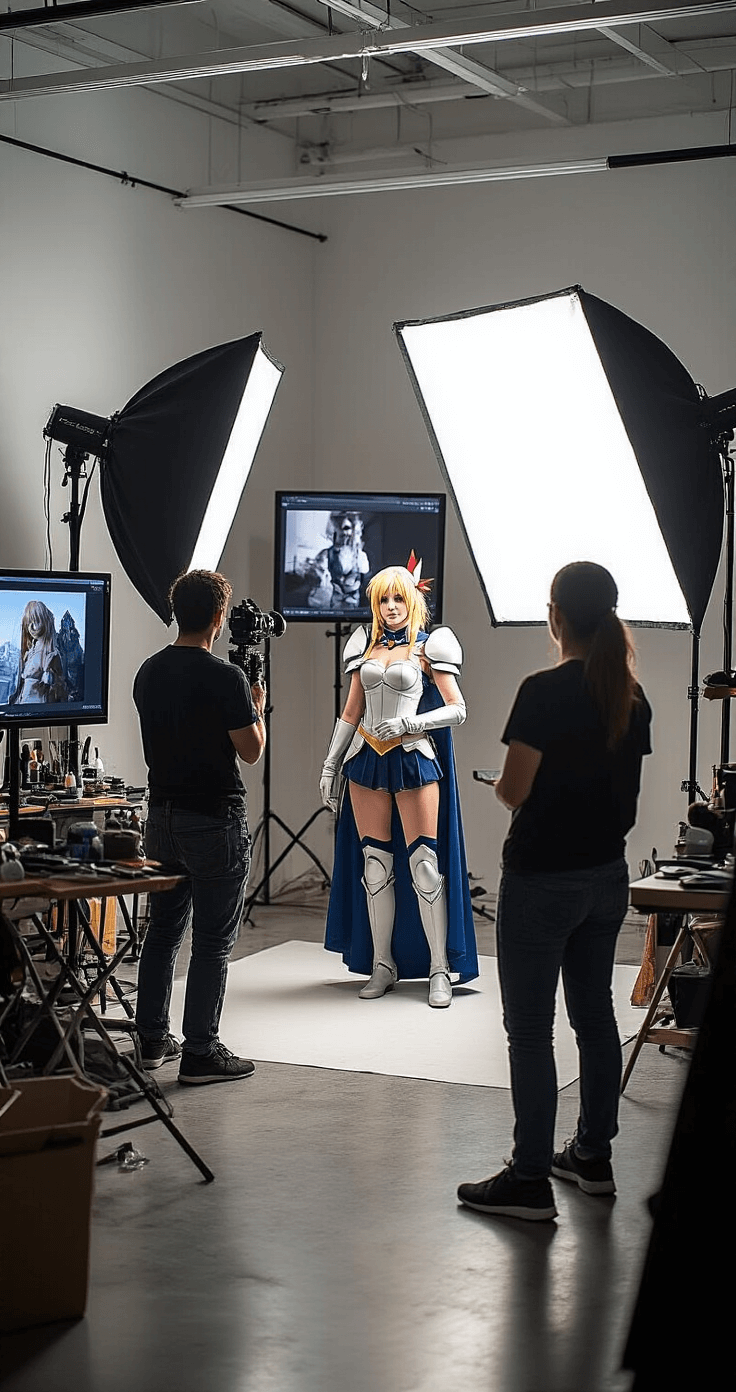 A minimalist photo studio set up for cosplay photography, featuring a photographer guiding a cosplayer in character poses, assistants adjusting lighting, multiple screens showing reference images, and a costume touch-up station with makeup supplies.