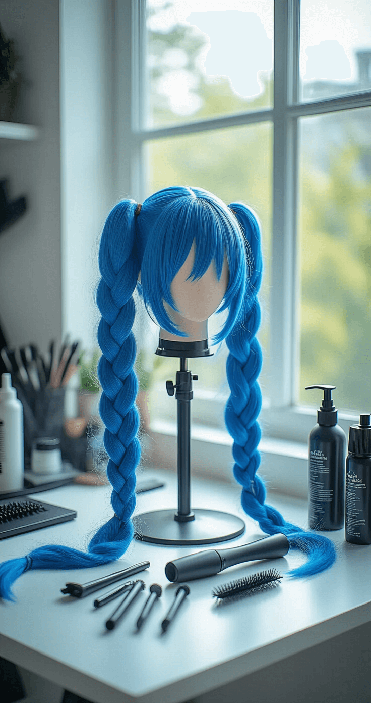 A bright cosplay workspace with a professional styling head featuring a vibrant electric blue wig with long braided pigtails, surrounded by styling tools and hairspray bottles, illuminated by natural daylight.