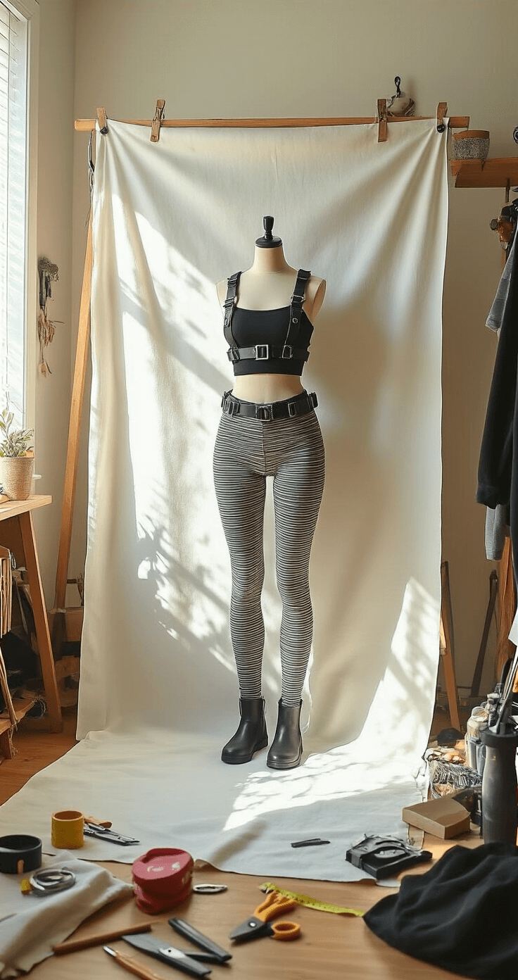 A cozy bedroom workshop with a large white backdrop displaying a DIY costume layout, featuring a modified black crop top with industrial straps and weathered striped leggings, surrounded by scattered craft supplies such as scissors and measuring tape, illuminated by warm afternoon sunlight casting natural shadows.