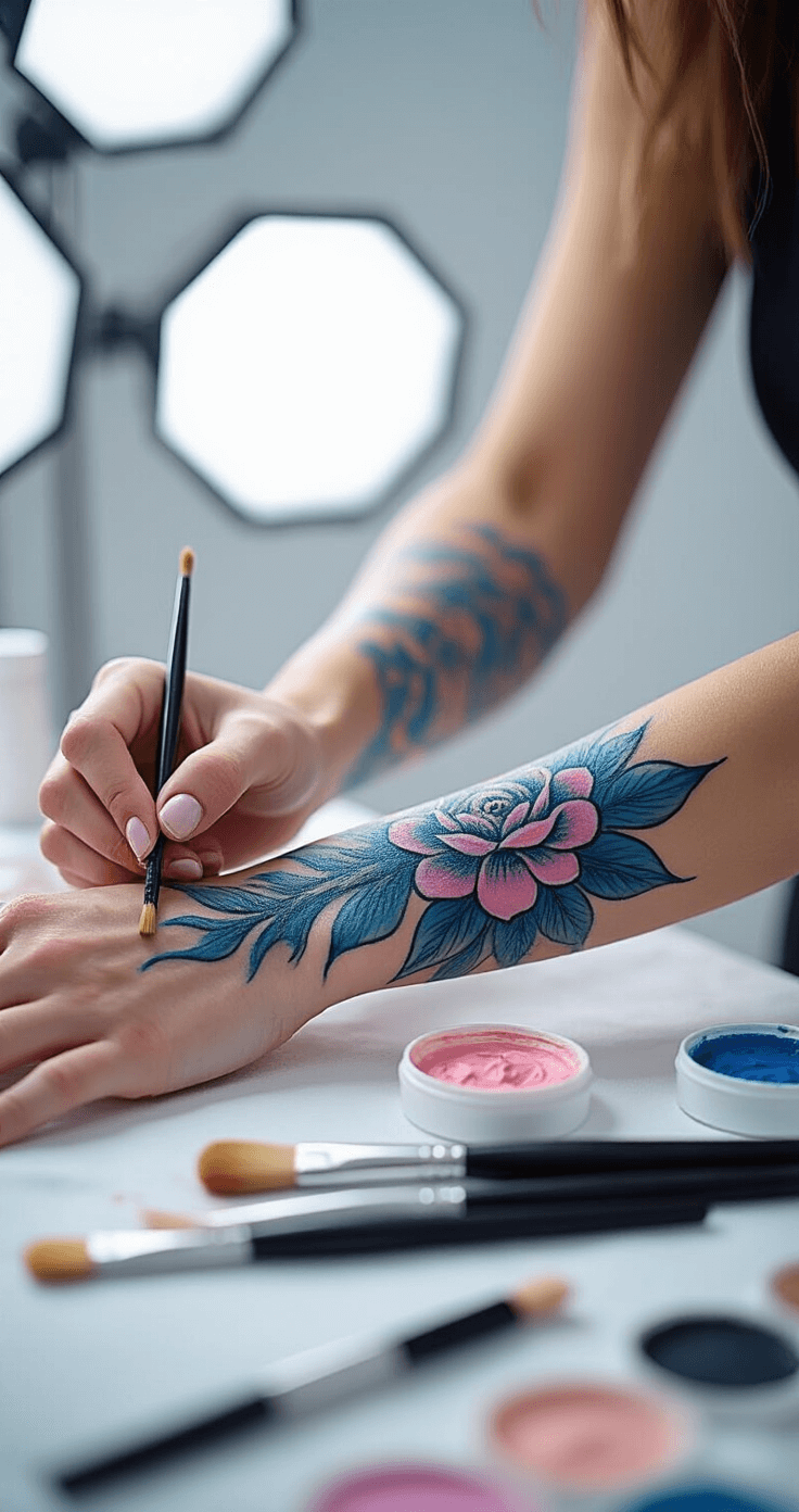 Close-up of a professional body painter applying intricate blue and pink designs on a model's arm, with macro detail showing the paint texture against a clean white background and visible makeup tools.