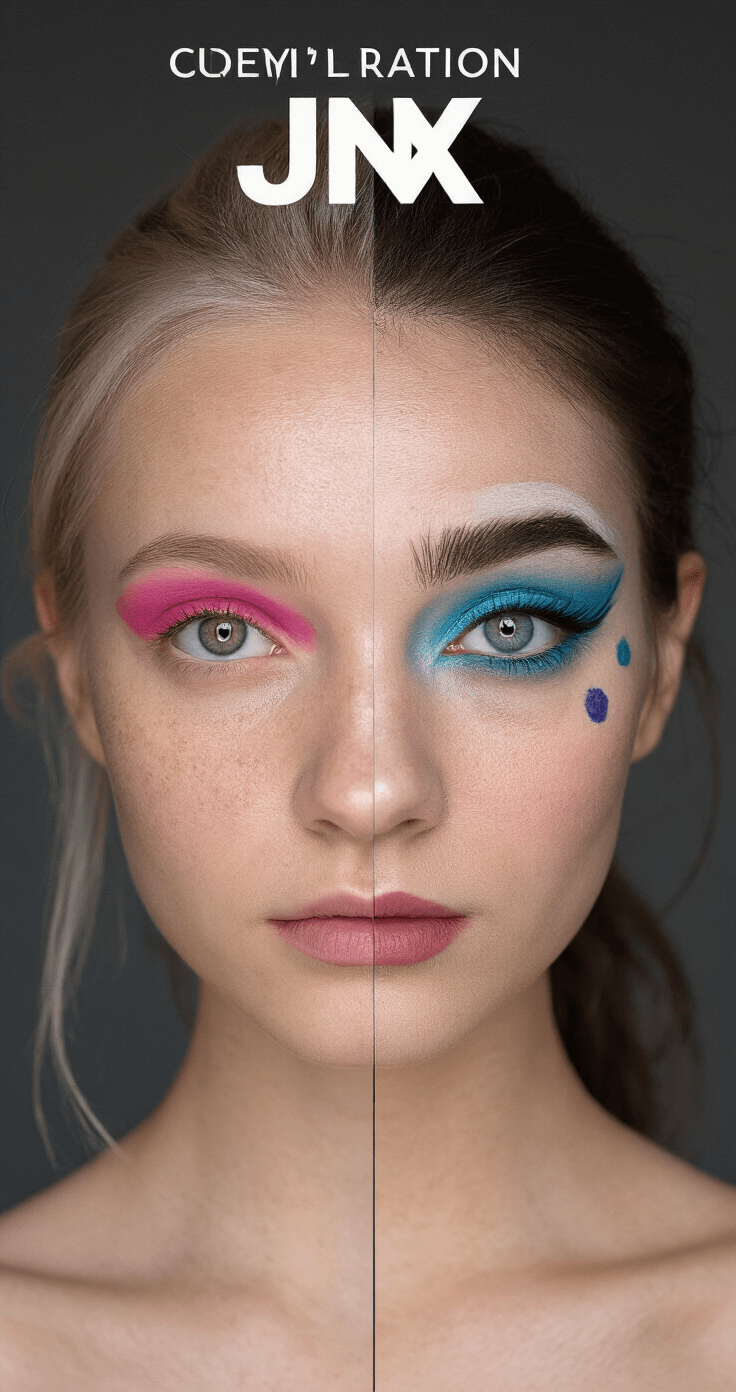 A split-screen image showing a bare-faced model on the left and a Jinx transformation on the right, featuring pink eyes, blue brows, and face paint, captured in a well-lit makeup studio with clear emphasis on skin texture and makeup details.