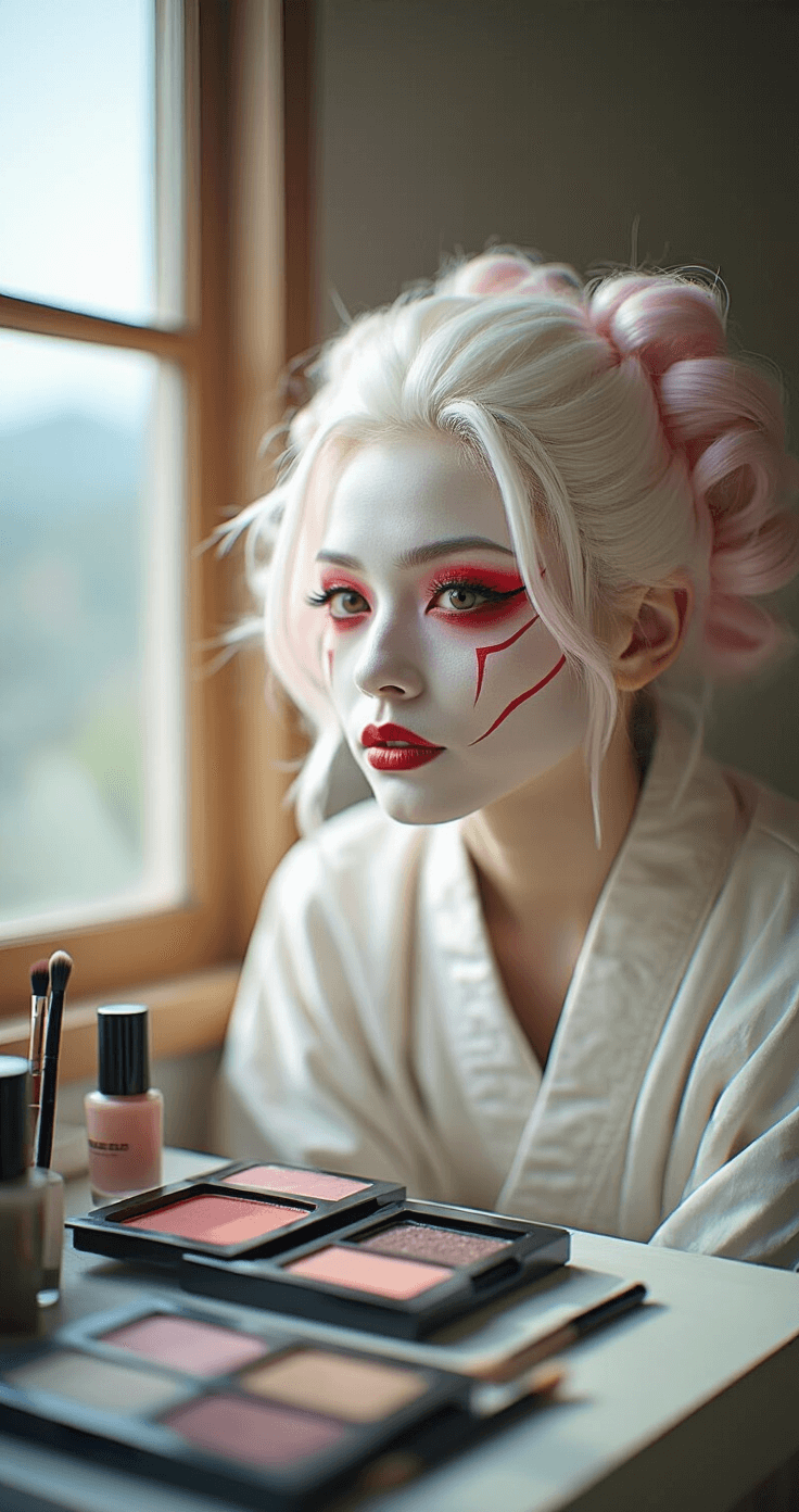 Close-up beauty shot highlighting intricate facial markings inspired by Sukuna, featuring a model with a styled white-pink wig at a minimalist vanity. The focus is on red eyeliner and face paint details, showcasing precise line work of the second pair of eyes, illuminated by soft afternoon light that creates dimensional shadows.