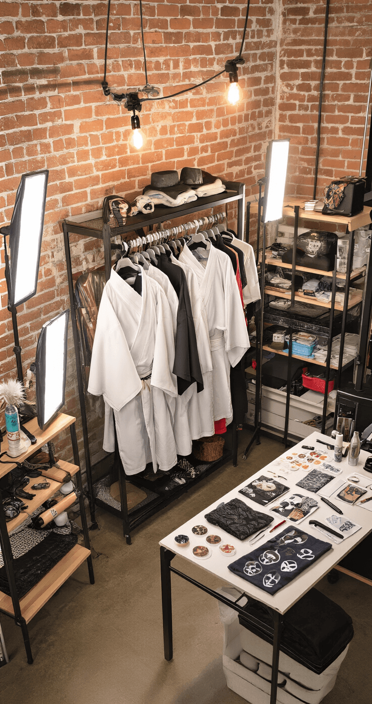 A wide-angle view of a stylish cosplay preparation area, showcasing an organized wardrobe with a complete Sukuna costume, including an iron-pressed white kimono and displayed temporary tattoos, in an industrial loft with exposed brick walls, illuminated by multiple lighting setups.