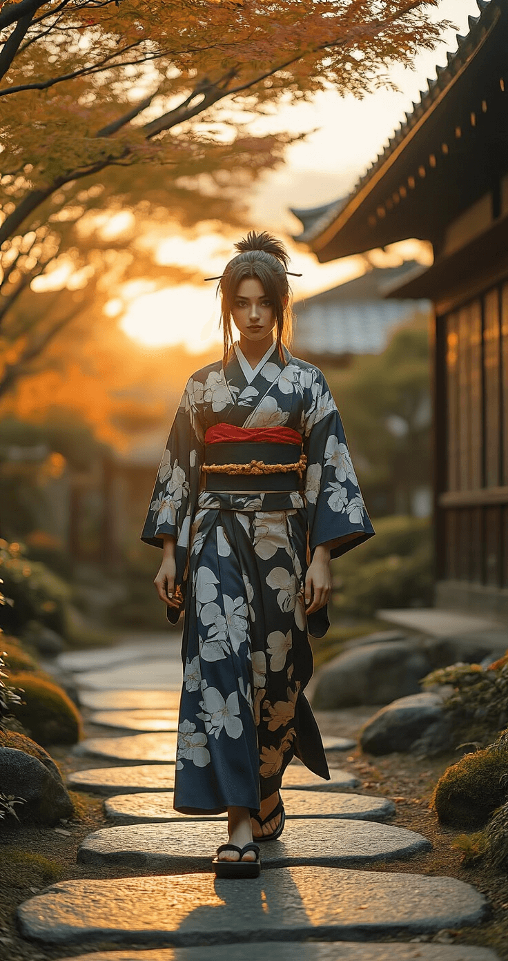 A model in a completed Sukuna cosplay strides confidently through a modern Japanese-inspired garden, showcasing tattoo details and flowing fabric, illuminated by warm golden hour light. Traditional sandals are visible on stone pathways, with a soft bokeh effect enhancing the scene.