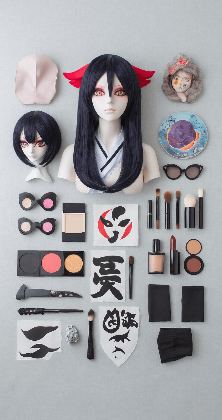 Flat-lay image of Sukuna cosplay elements on a light grey backdrop, featuring a wig, makeup products, tattoo sheets, and costume accessories arranged harmoniously, captured in soft natural light.