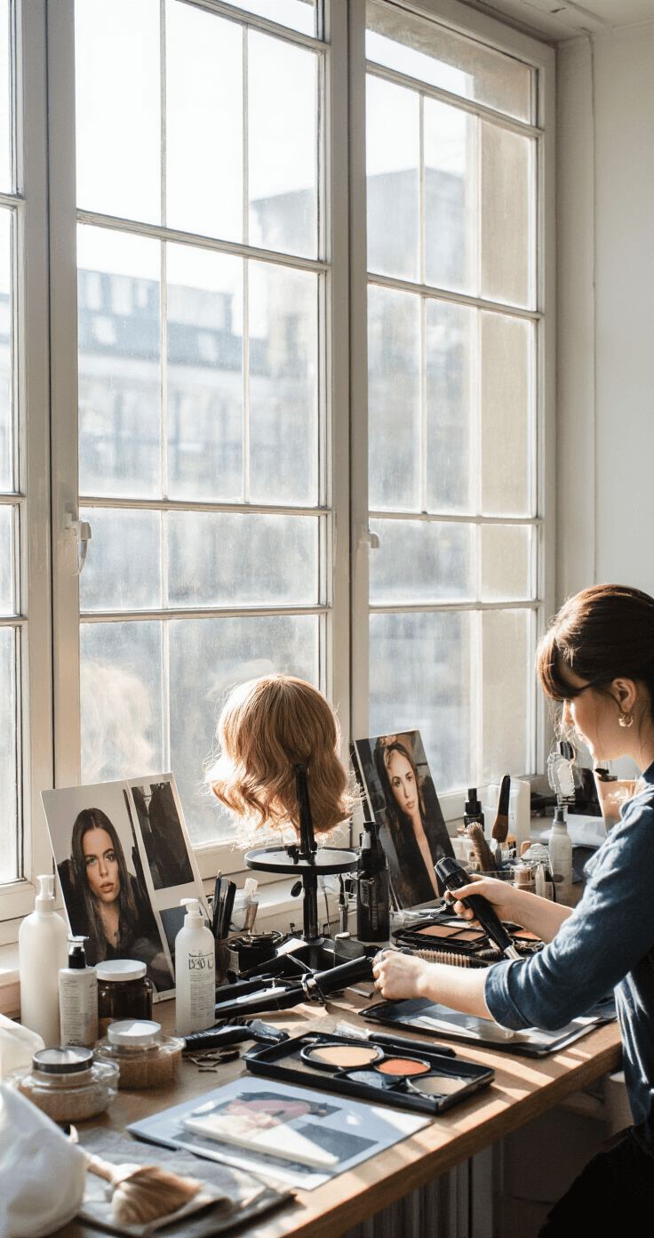 Behind-the-scenes shot of a wig-styling station, featuring heat tools, products, and reference images, bathed in cool morning light from large windows, captured in a photojournalistic style.