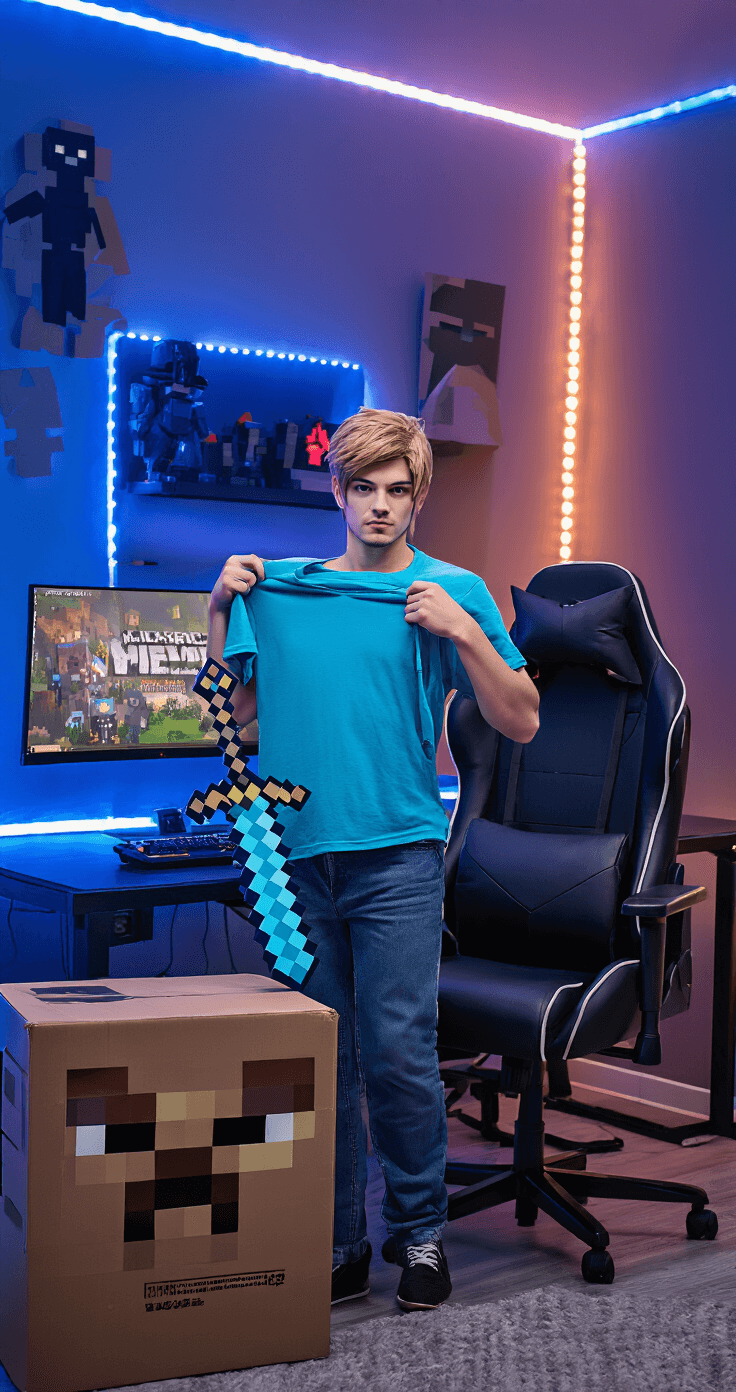 A modern gaming room is illuminated with cool blue LED lights, featuring a cosplayer in a cyan t-shirt and classic blue jeans adjusting their outfit. In front of a streaming setup, a foam Minecraft sword leans against a sleek gaming chair, while a cardboard box head is displayed on the desk. The scene is captured from a three-quarter angle, showcasing both the costume and the immersive gaming environment.