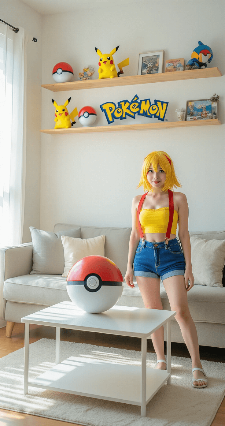 A sunlit living room corner features Pokémon memorabilia on floating shelves, with a cosplayer in a yellow crop top, red suspenders, and blue shorts, posed with a Pokéball on a white coffee table, highlighting a casual cosplay photoshoot.