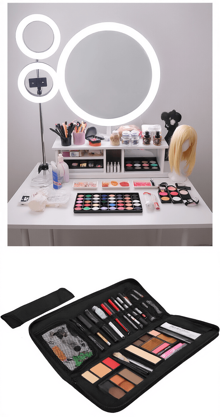 A professional vanity setup featuring a well-organized display of colored contacts, wigs, makeup essentials, and an open cosplay accessories kit, all highlighted by soft, diffused lighting.