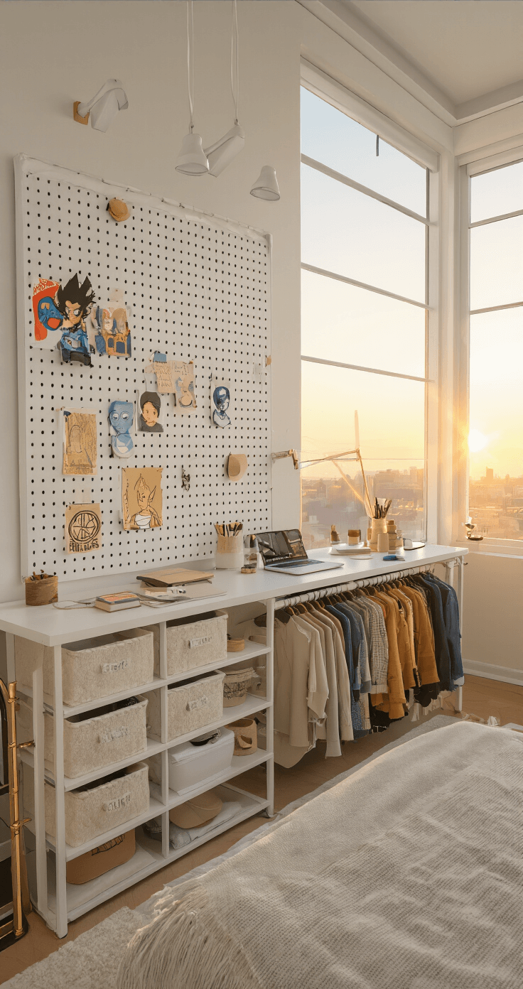Aesthetic bedroom workspace featuring a mood board on a white pegboard, modern closet organization with everyday clothes as costume pieces, and golden hour lighting creating an inspiring atmosphere in a wide shot that highlights planning and organization.