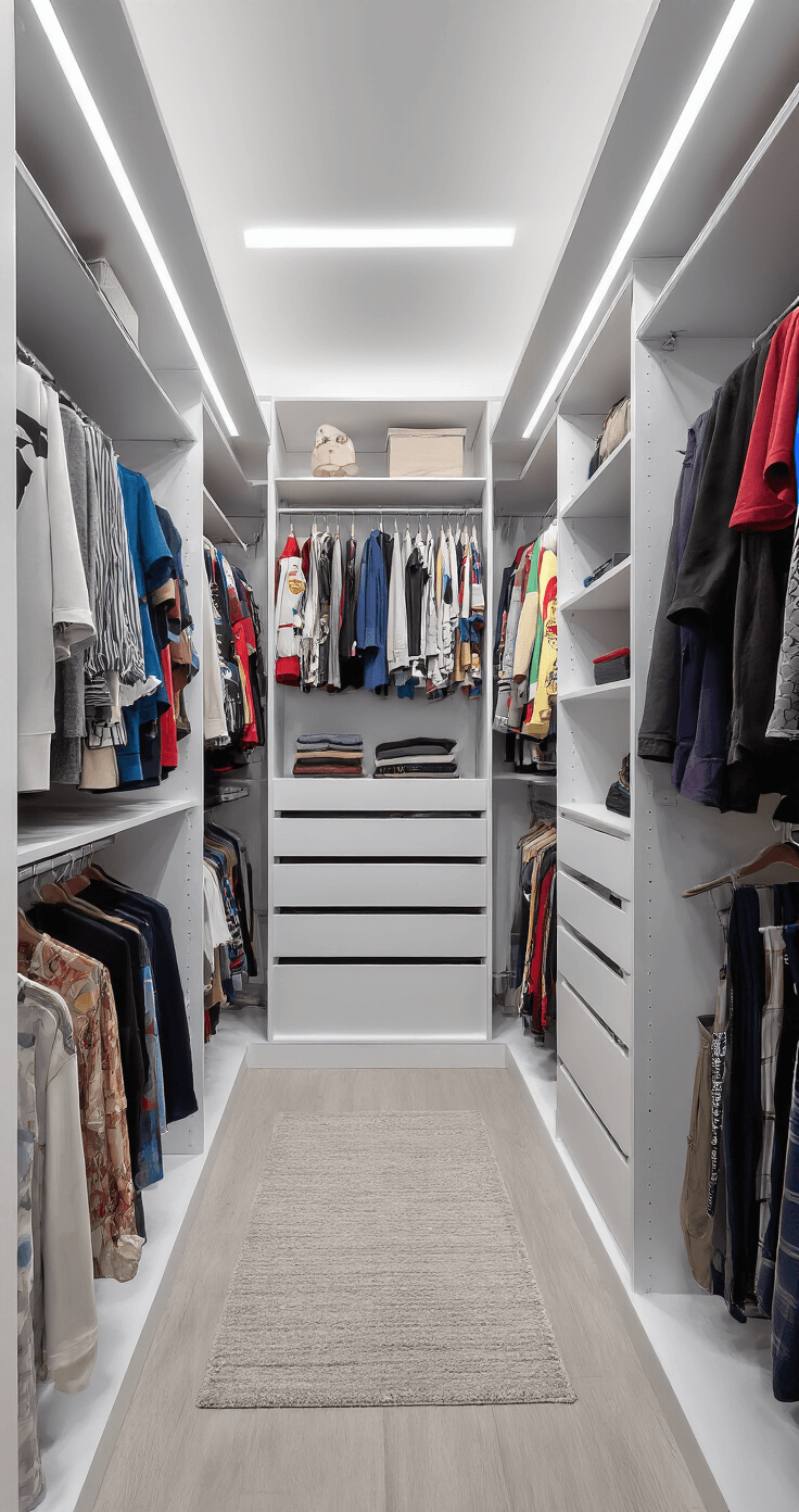 A modern walk-in closet featuring built-in lighting, showcasing a well-organized collection of colorful character-inspired outfits and versatile basic pieces for cosplay, viewed from the entrance to highlight the organizational system.
