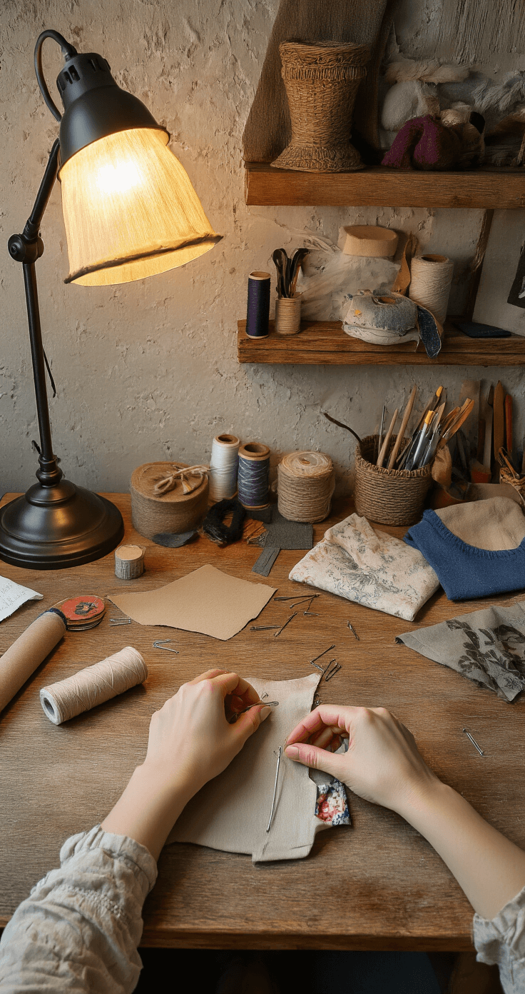 A close-up view of hands working on costume alterations at a rustic wooden desk, surrounded by basic sewing tools, safety pins, and fabric scraps, illuminated by a warm desk lamp, creating a cozy crafting atmosphere.