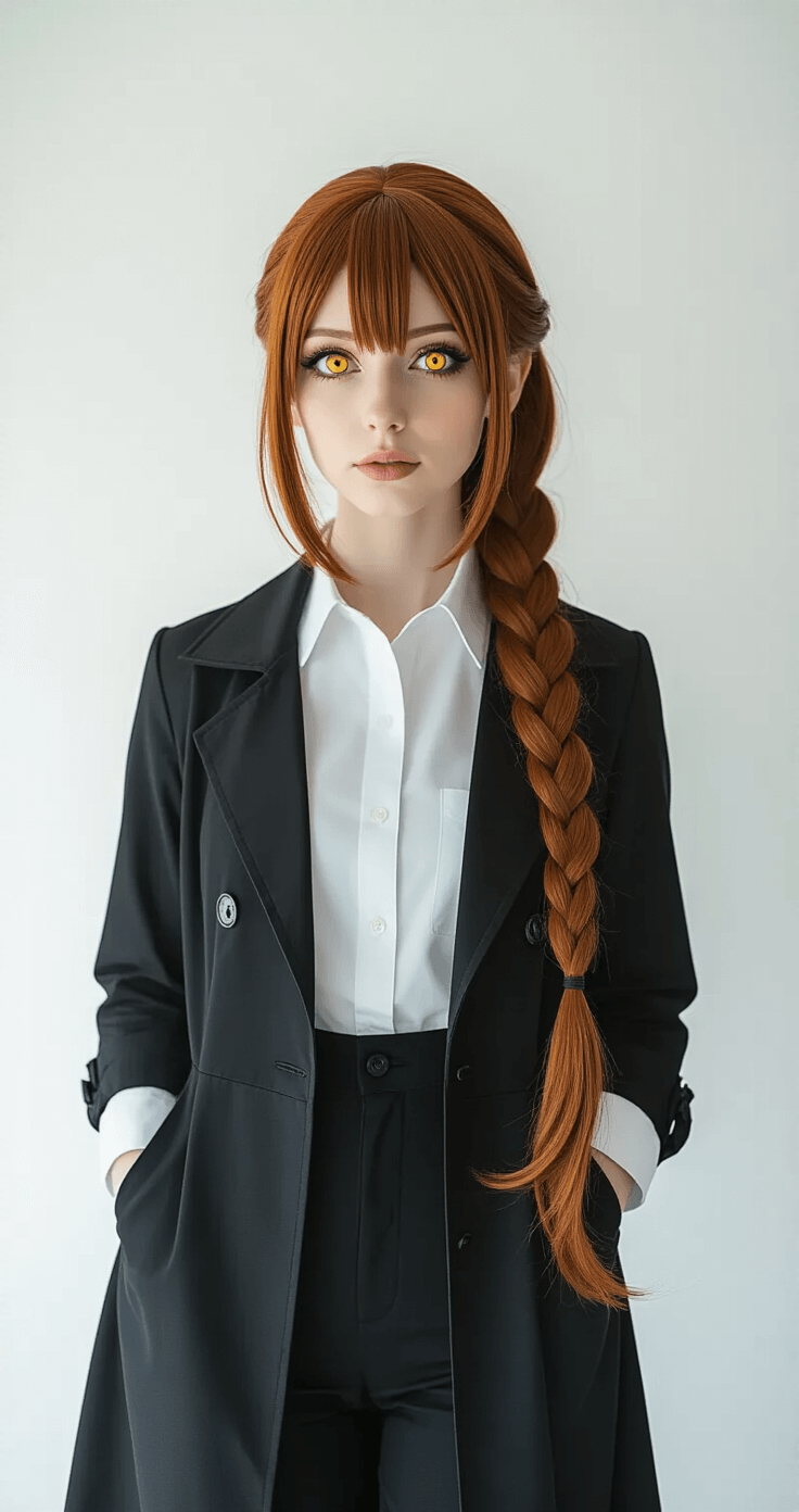 A cosplayer in a white button-down shirt, black dress pants, and a black trench coat stands in a photography studio with soft morning light, styled with long auburn hair in a loose braid and golden contact lenses, captured in sharp focus with subtle bokeh.