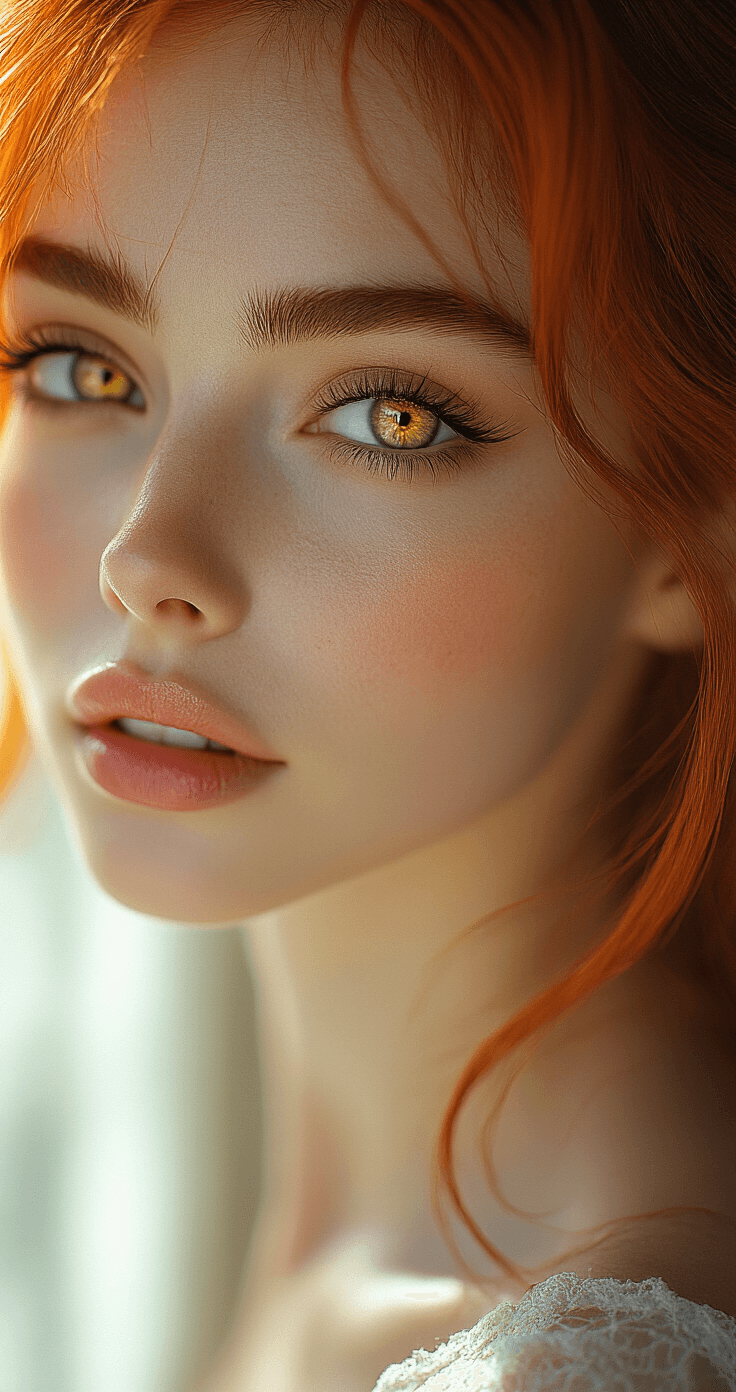 A close-up portrait of a woman resembling Makima, captured in natural window light. She features golden contact lenses, perfectly groomed brows, and a three-quarter view with a mysterious half-smile, framed by loose strands of a red wig. The image highlights her flawless foundation and subtle contouring, shot with an 85mm lens at f/1.8.