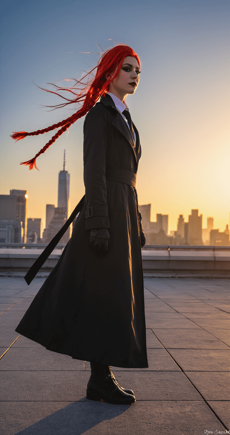 A cosplayer in a flowing black trench coat stands on an urban rooftop at golden hour, with city skylines in the background. Their red braided wig catches the warm sunset light, accentuating their black tie and white collar. The shot is taken from a low angle, emphasizing their presence and authority, with atmospheric lens flare enhancing the dramatic scene.