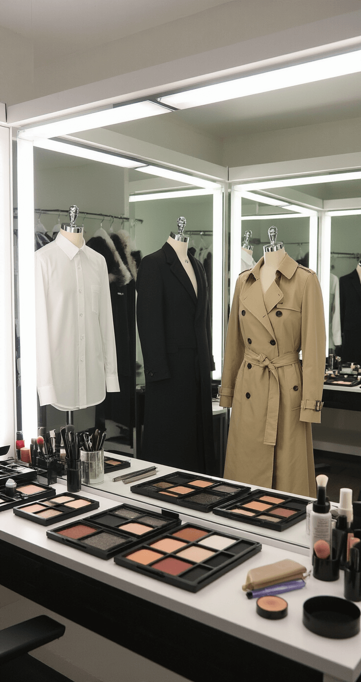 A clean, modern dressing room featuring strategically placed mirrors reflecting various angles of tailored garments, including a white shirt and a trench coat, with bright, even lighting highlighting their fit; an organized styling station displaying makeup and wig-styling tools is visible, captured in documentary style at f/4 for clarity.