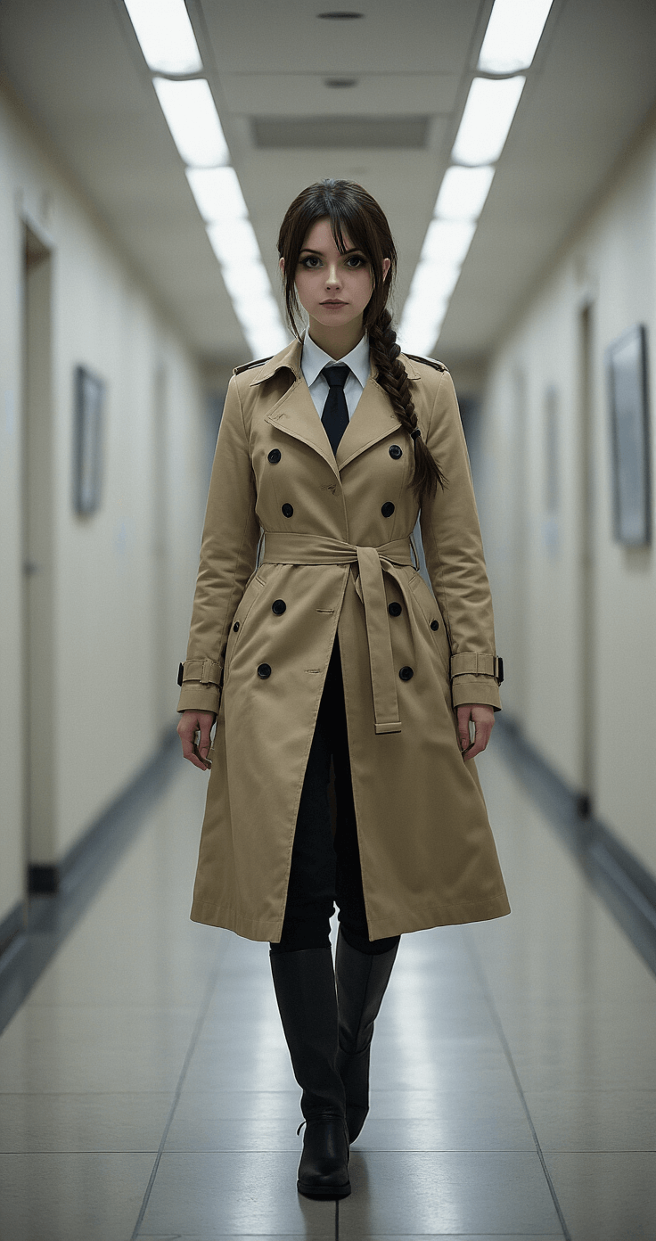 A minimalist office corridor featuring leading lines that draw attention to a cosplayer dressed as Makima. Professional overhead lighting casts subtle shadows, highlighting her commanding presence. The trench coat flows naturally as she walks, while her braid swings in motion, captured in a perfect stride moment.