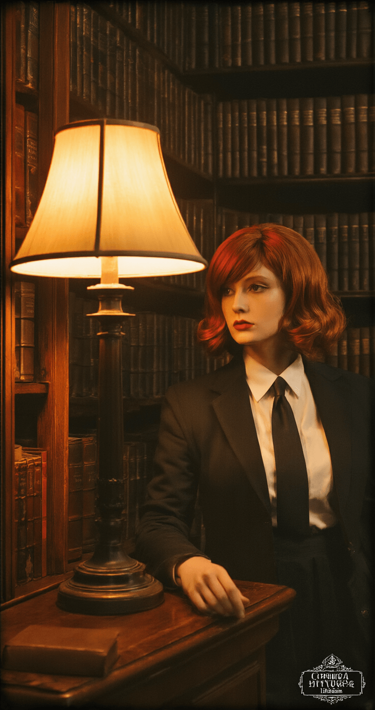 A moody evening scene in a vintage library, featuring warm lamp light casting dramatic shadows. The focus is on a person in formal attire with an auburn wig, showcasing golden contacts, alongside a backdrop of dark wood elements, with meticulous attention to tie and collar symmetry.