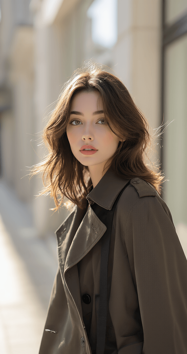 A model in a professional wardrobe stands in a bright outdoor setting, showcasing a stylish wig illuminated by natural sunlight. The trench coat flows gently in the breeze, while the background is softly blurred, highlighting the clean architectural elements around.