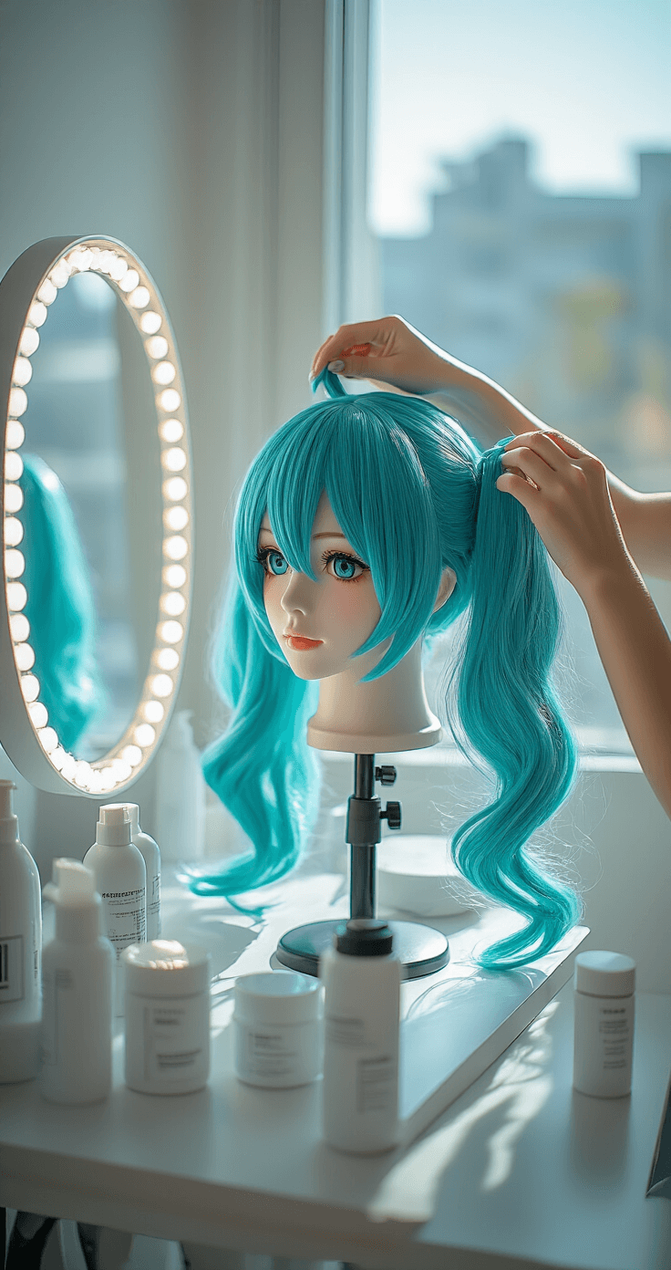 A young woman styles a turquoise blue Miku wig on a professional head in a sunlit cosplay studio, with morning light streaming through large windows, highlighting her detailed work on the intricate twin-tails at a white makeup station with an LED mirror.