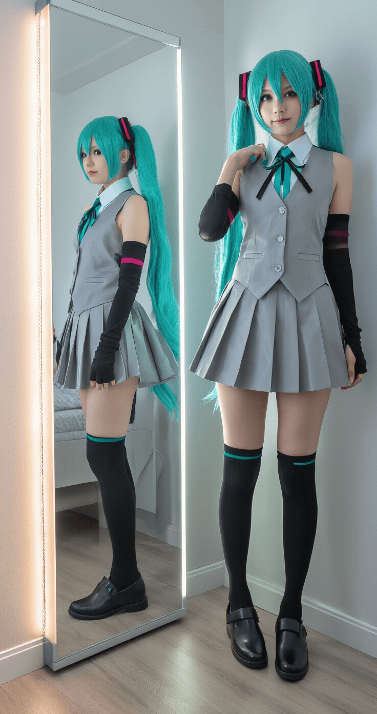 A modern bedroom illuminated by soft afternoon light, featuring a cosplayer adjusting Miku's gray and aqua outfit in a full-length mirror, showcasing a crisp pleated skirt, fitted vest, and black arm warmers, with subtle futuristic LED strip lights in the background, captured from a 45-degree angle.